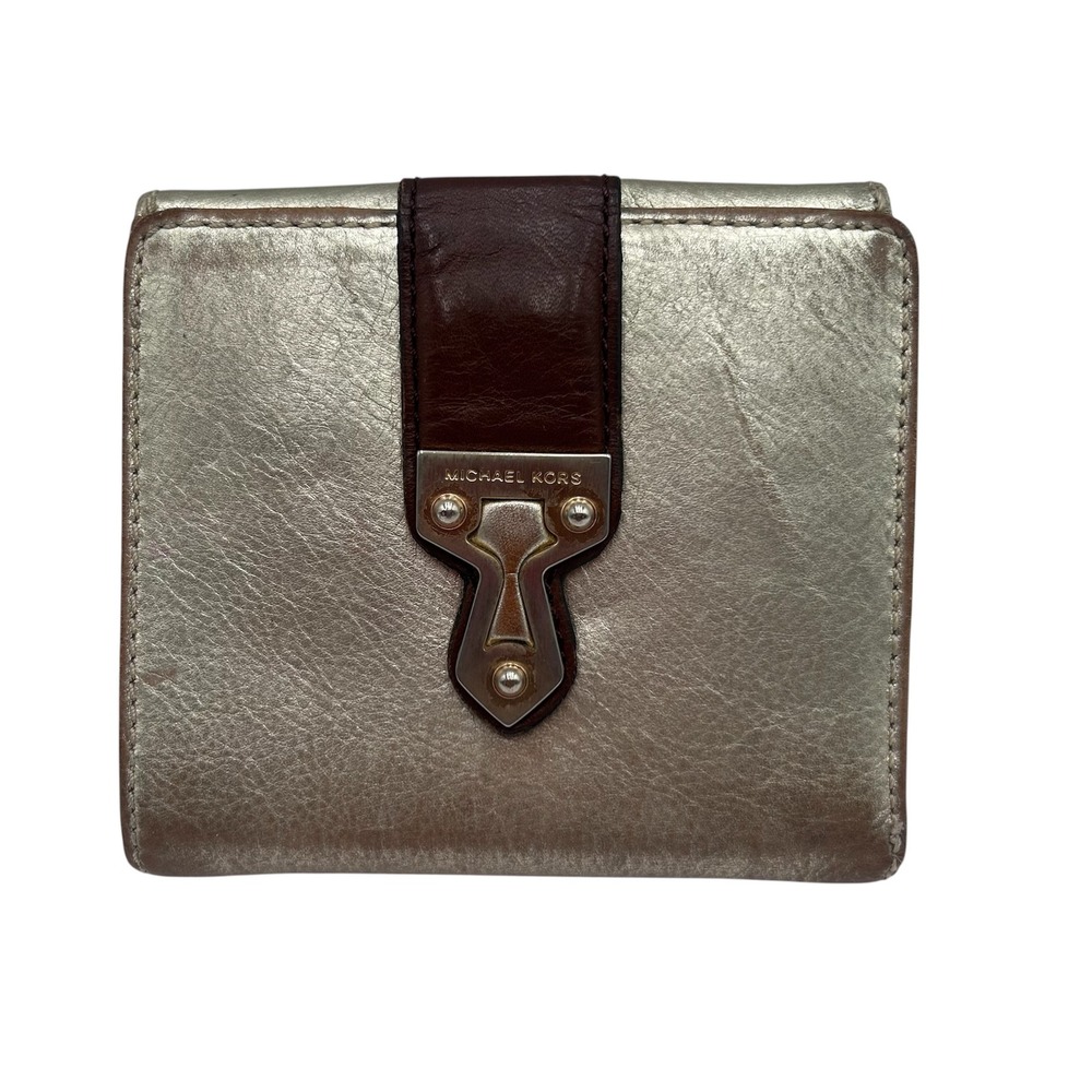 Michael Kors Bifold Wallet Metallic Gold Leather Brown Trim Snap Closure Vintage